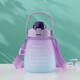1300ml Motivational Water Bottle with Time Marker; Shoulder Strap & Straw - Perfect for School; Sports; Camping - 44oz Cute Design for Girls & Kids (Color: purple)