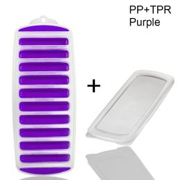 1pc Silicone Ice Cube Tray With Lid Long Strip 10 Grid Cylindrical Ice Tray Ice Making Mold Water Bottle Ice Cube Tray For Freezer (Color: purple)
