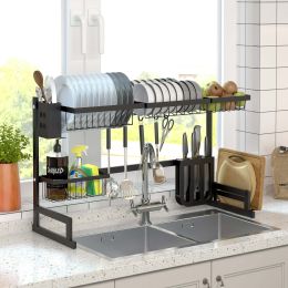 Stainless Steel Dish Rack Dish Drainer Drying Dryer Rack Holder with Draining Board Chopsticks Holder for Kitchenware (size: 85cm)