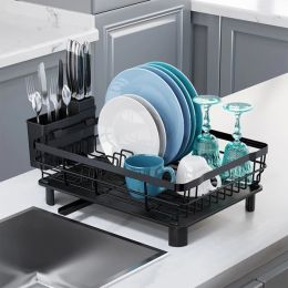 Dish Drying Rack Drain Board Utensil Holder Organizer Drainer Tableware Organizer Kitchen Countertop Storage Shelf (Color: as picture)